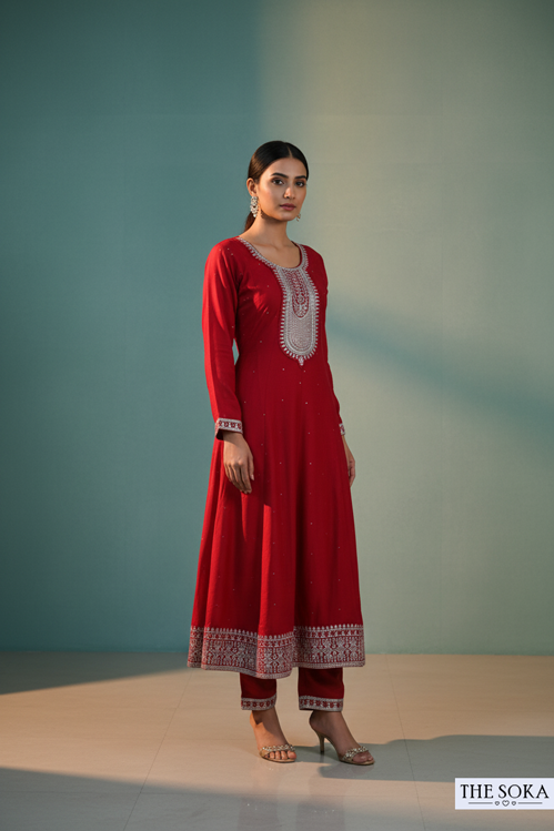 Soft Pink Lavender Embroidered Anarkali Suit Set with Pants and Dupatta