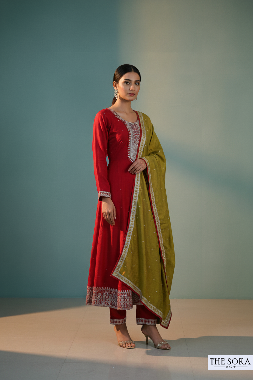 Soft Pink Lavender Embroidered Anarkali Suit Set with Pants and Dupatta