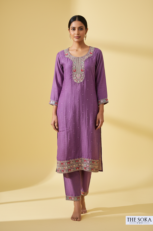 Soft Yet Rich Pastel Purple Embroidered Kurta Set with  Pants and Dupatta