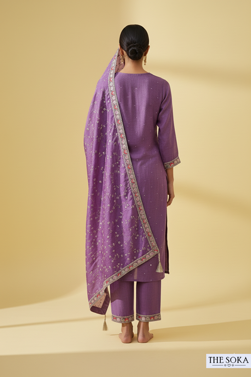 Soft Yet Rich Pastel Purple Embroidered Kurta Set with  Pants and Dupatta
