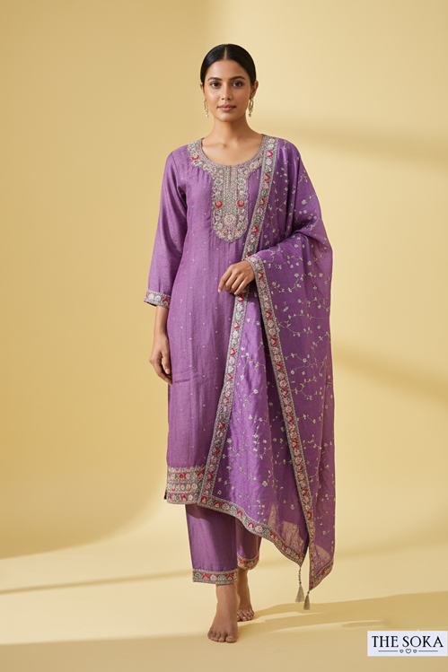 Soft Yet Rich Pastel Purple Embroidered Kurta Set with  Pants and Dupatta