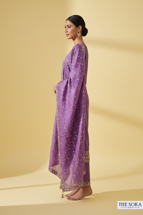Soft Yet Rich Pastel Purple Embroidered Kurta Set with  Pants and Dupatta