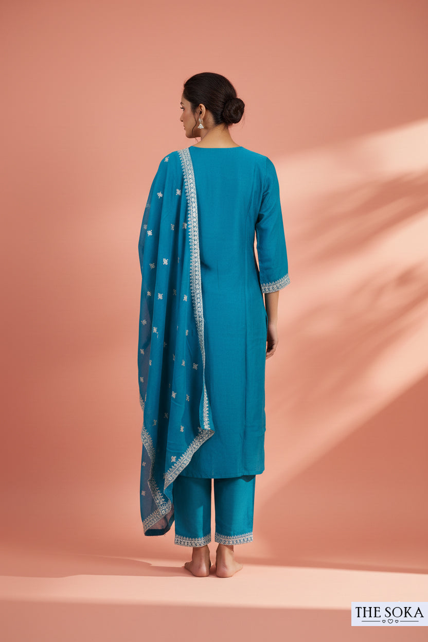 Peacock Green Embroidered Kurta Set with  Pants and Dupatta