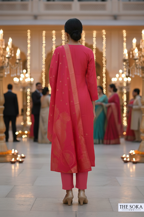 Person wearing a pink traditional outfit in a decorated indoor setting with chandeliers and lights.