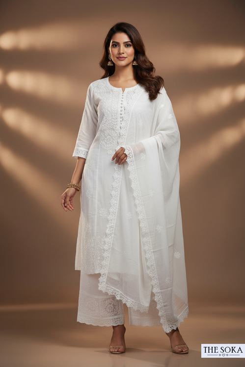 White Pure Chikankari Premium Reyon Embroidered Handwork 