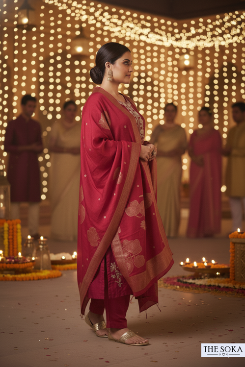 Woman in a pink saree with a festive background