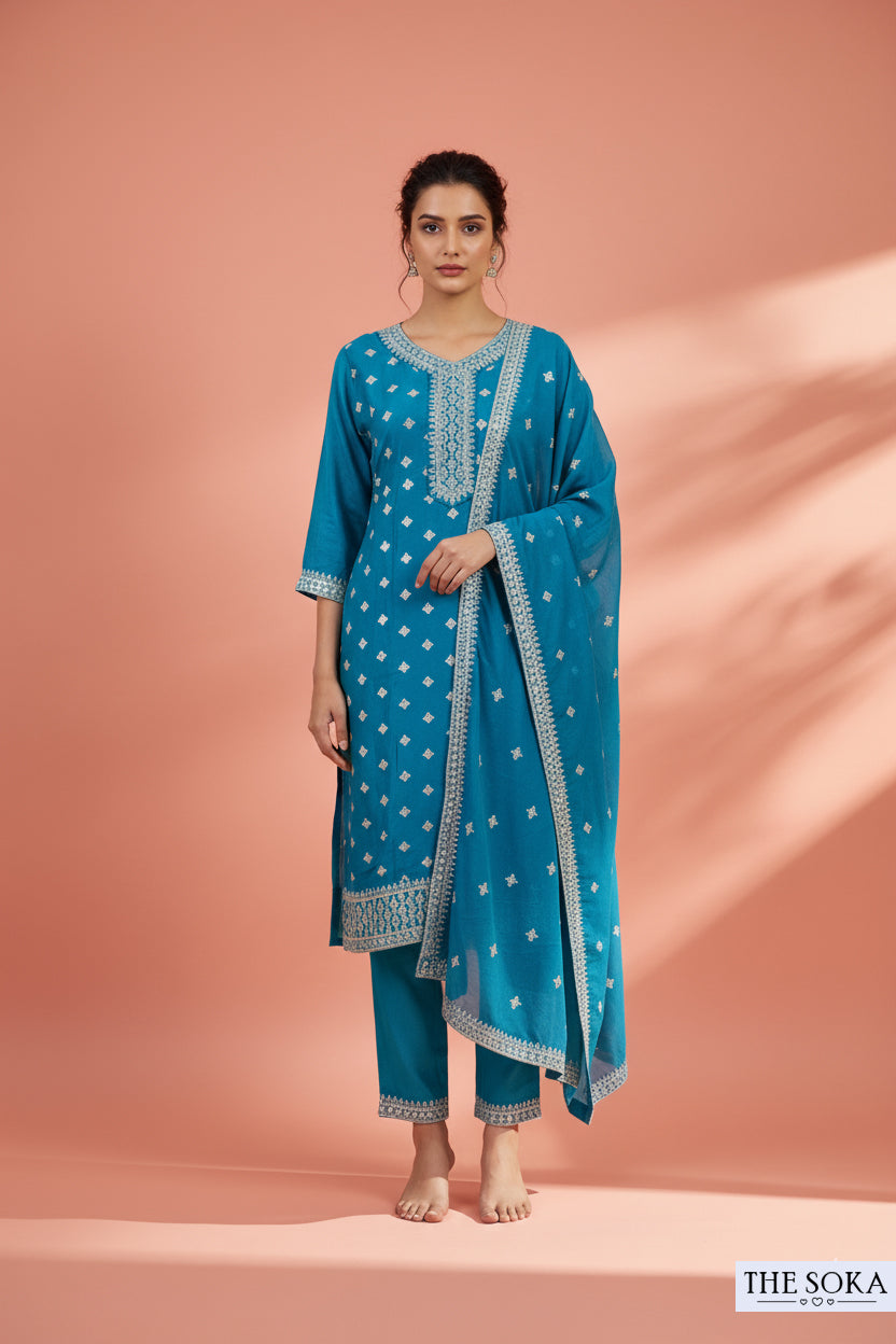 Peacock Green Embroidered Kurta Set with  Pants and Dupatta
