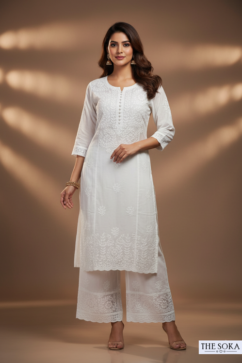 White Pure Chikankari Premium Reyon Embroidered Handwork 