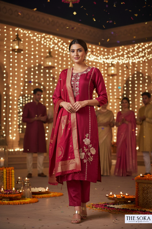 Woman in a traditional pink outfit standing in front of decorative lights and people.