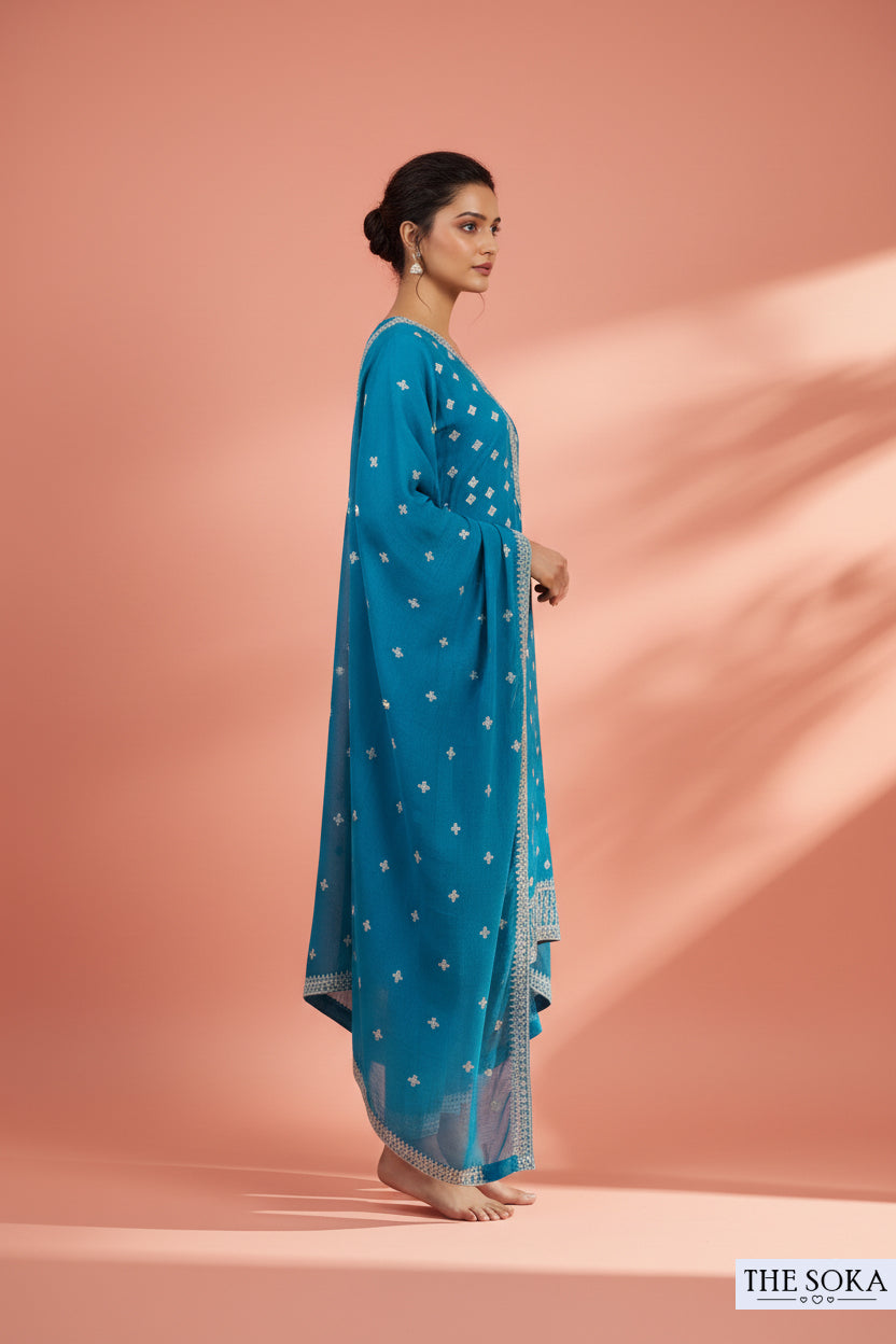 Peacock Green Embroidered Kurta Set with  Pants and Dupatta