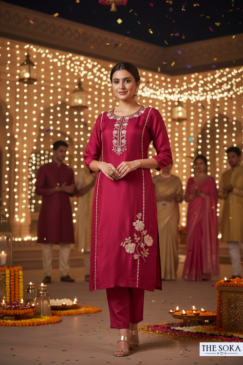Woman in a red traditional outfit standing in a decorated outdoor setting with lights and people in the background.