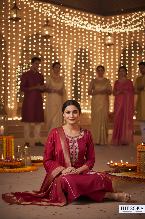 Woman in traditional attire sitting in front of decorative lights and people in the background