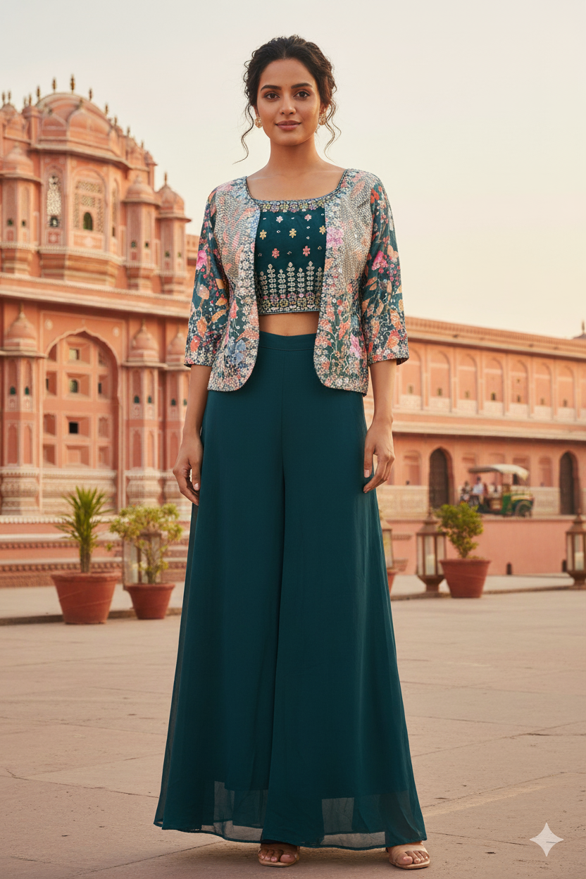 Woman in teal outfit with floral jacket standing in front of a historic building.