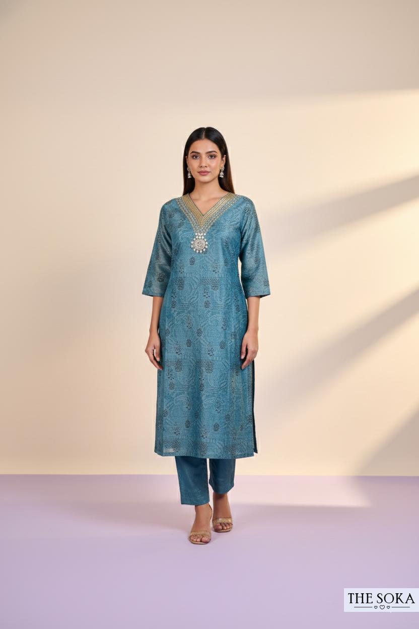Teal Blue Embroidered Kurta Set with Floral Dupatta and Pant
