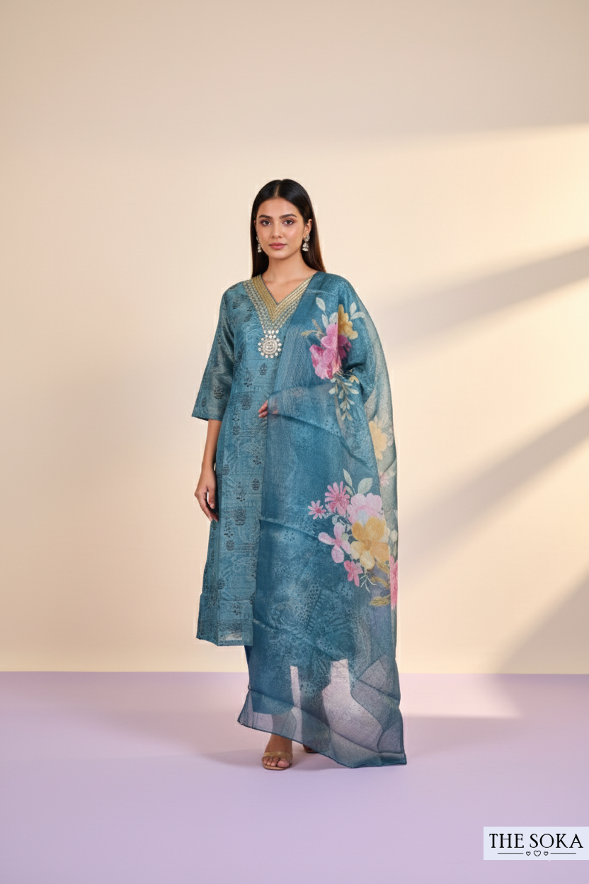 Teal Blue Embroidered Kurta Set with Floral Dupatta and Pant