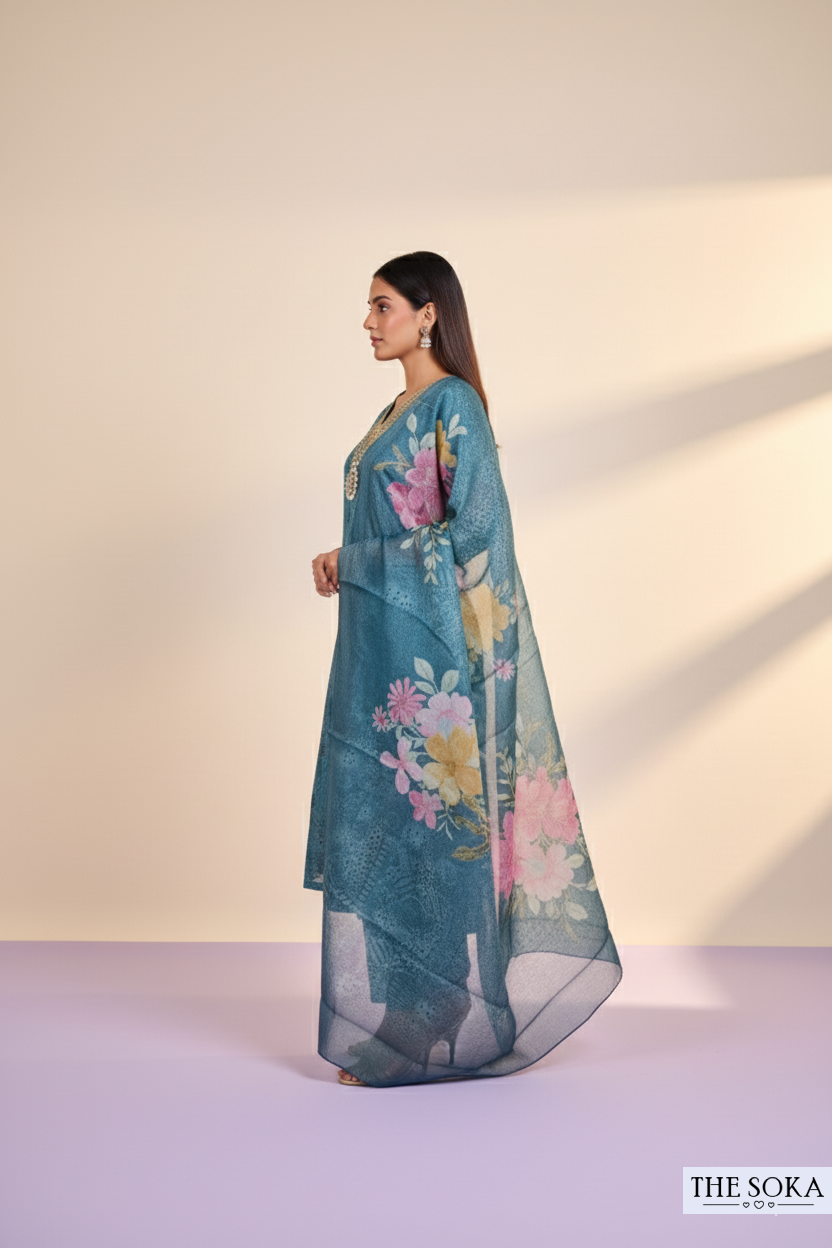 Teal Blue Embroidered Kurta Set with Floral Dupatta and Pant