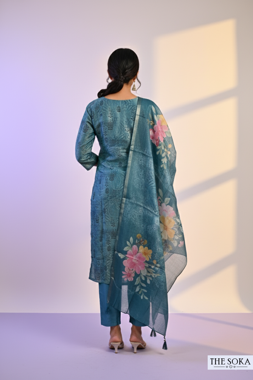 Teal Blue Embroidered Kurta Set with Floral Dupatta and Pant