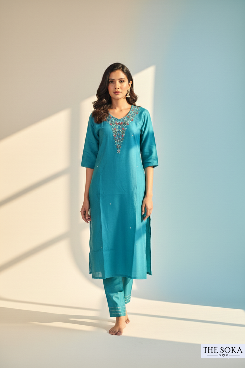 Teal Blue Embroidered Kurta Set with Pant and Dupatta