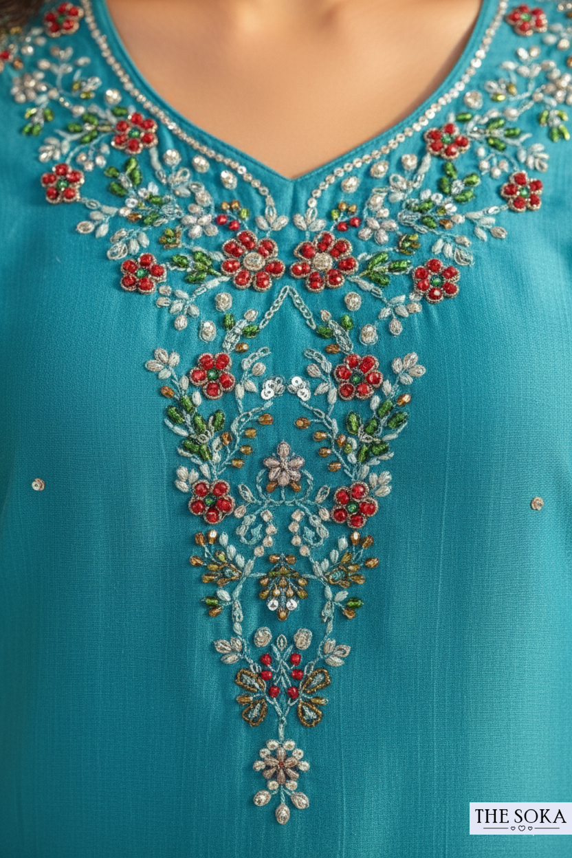 Teal Blue Embroidered Kurta Set with Pant and Dupatta