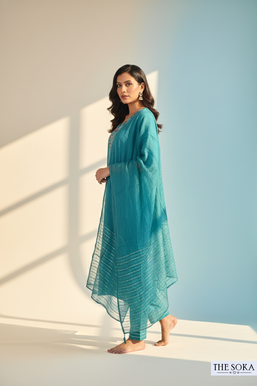 Teal Blue Embroidered Kurta Set with Pant and Dupatta