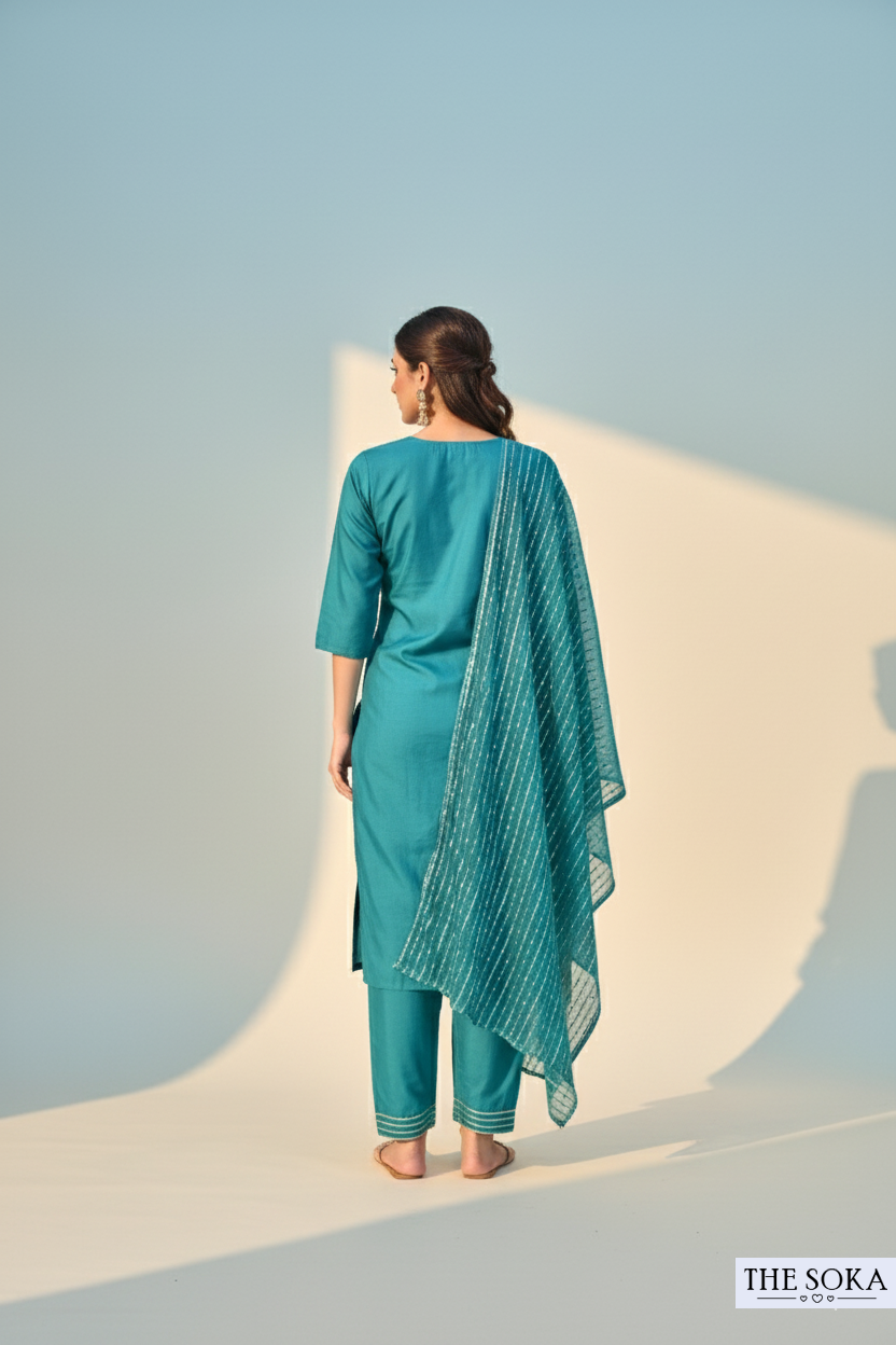 Teal Blue Embroidered Kurta Set with Pant and Dupatta