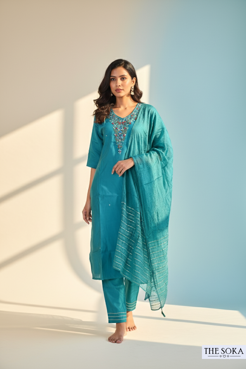 Teal Blue Embroidered Kurta Set with Pant and Dupatta