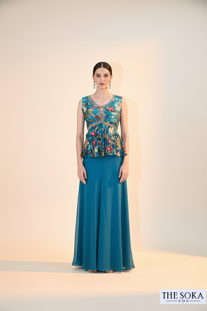 Teal Blue Floral Printed Peplum Top with Sharara & Dupatta Set
