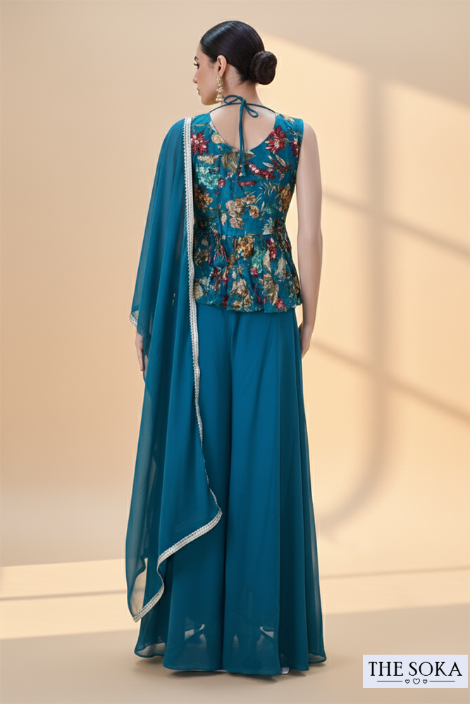 Teal Blue Floral Printed Peplum Top with Sharara & Dupatta Set