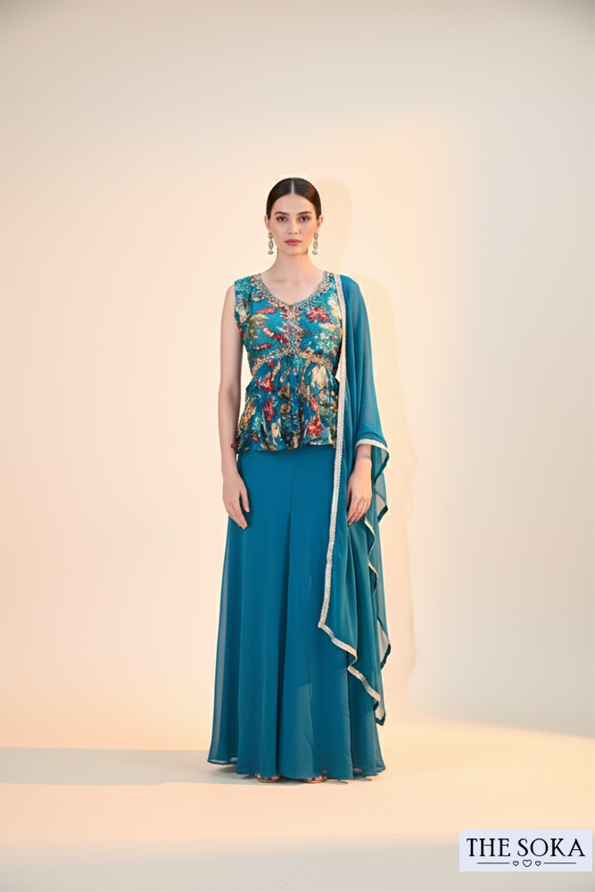 Teal Blue Floral Printed Peplum Top with Sharara & Dupatta Set