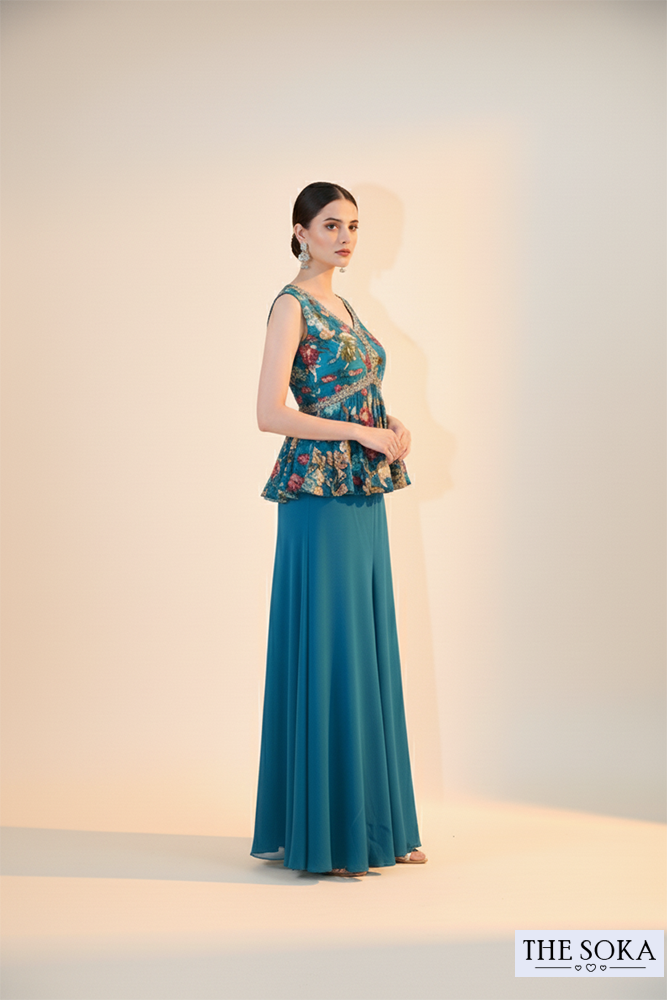 Teal Blue Floral Printed Peplum Top with Sharara & Dupatta Set