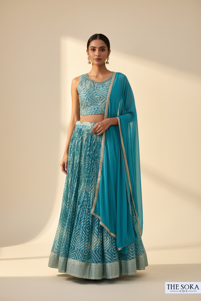 Teal Blue Printed Sleeveless Lehenga Choli with Dupatta