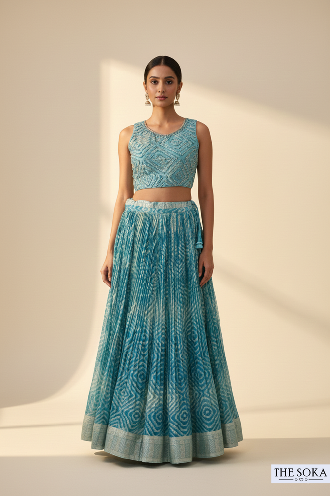 Teal Blue Printed Sleeveless Lehenga Choli with Dupatta