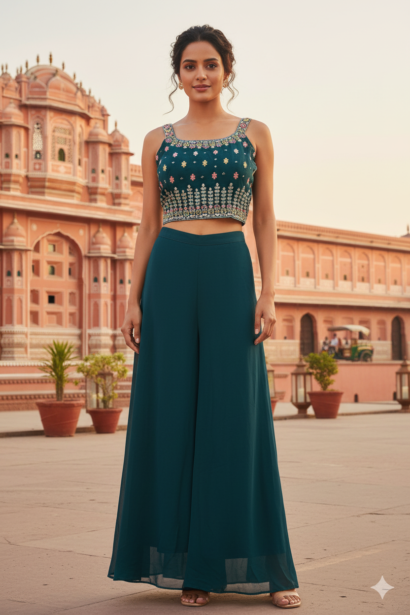 Woman in teal outfit with intricate top standing in front of a historic building.