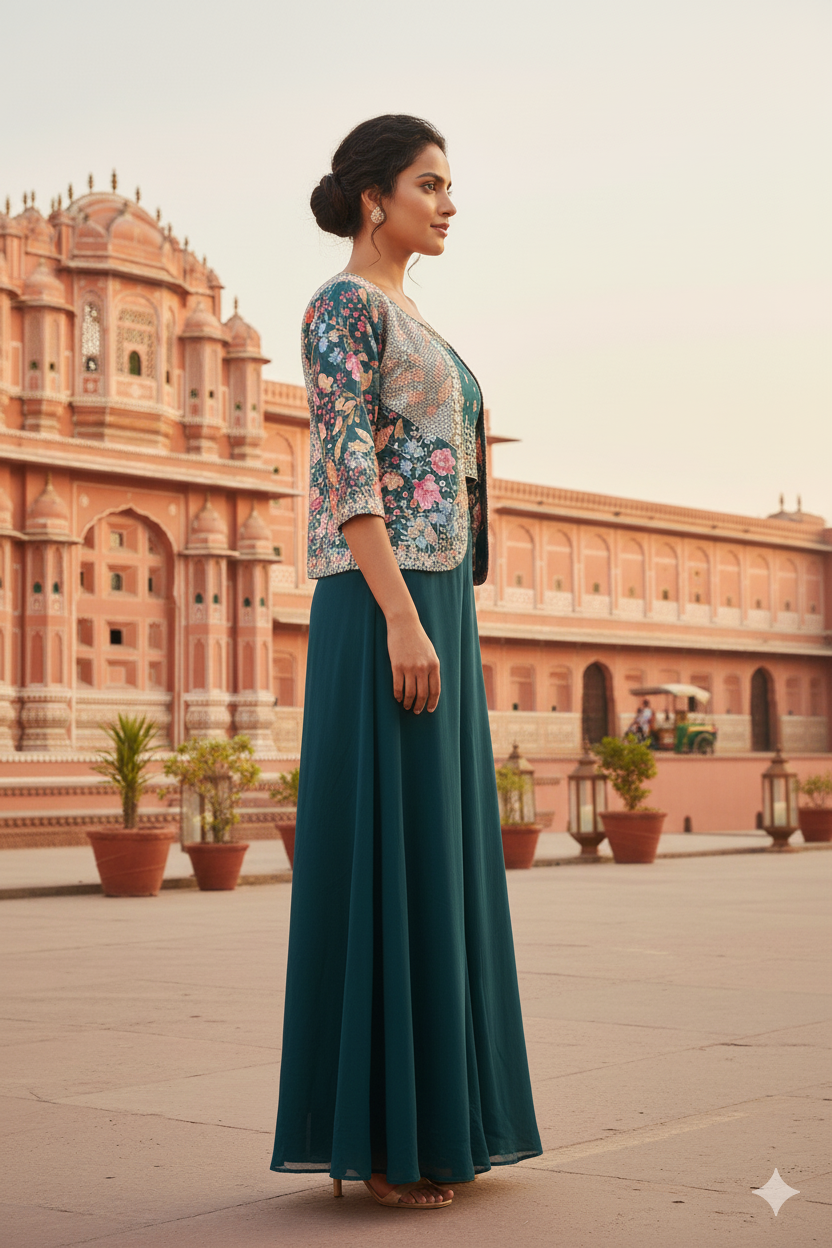 Woman in a floral top and teal skirt standing in front of a historic building.
