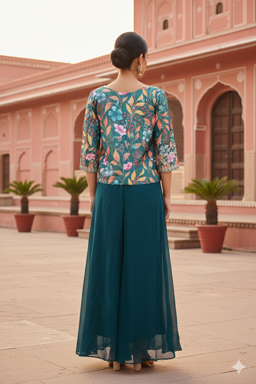Woman in a floral top and teal skirt standing in front of a pink building with arches.