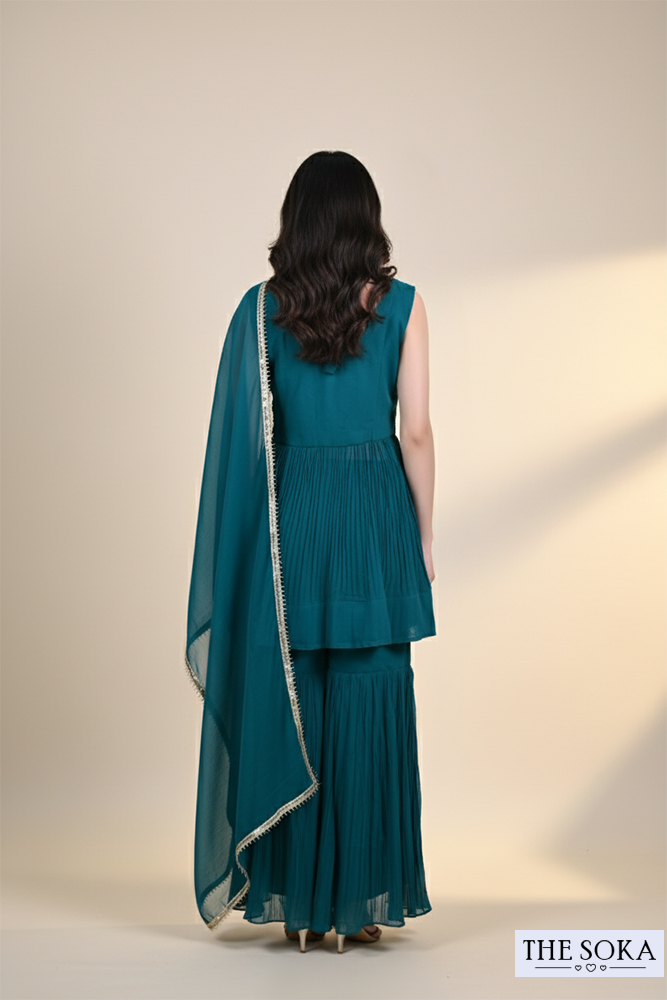 Teal Green Embroidered Peplum Kurta with Sharara & Dupatta Set