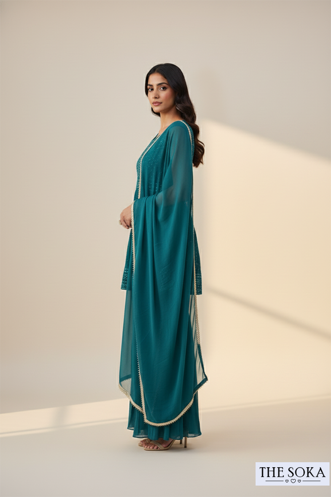 Teal Green Embroidered Peplum Kurta with Sharara & Dupatta Set