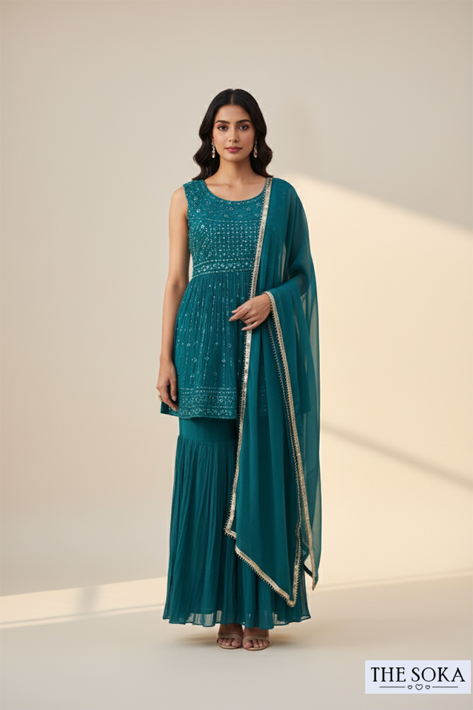 Teal Green Embroidered Peplum Kurta with Sharara & Dupatta Set