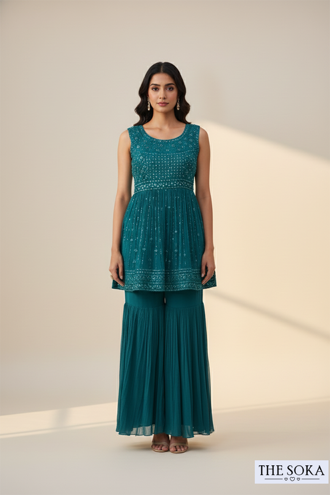 Teal Green Embroidered Peplum Kurta with Sharara & Dupatta Set