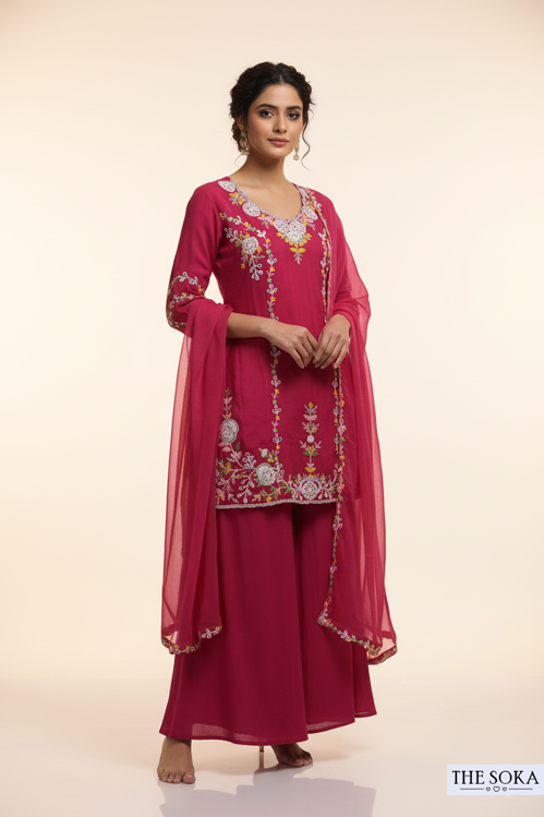 Woman wearing a pink embroidered traditional outfit on a beige background