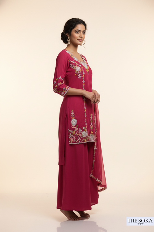 Pure Dola Silk Embroidered Sharara Suit