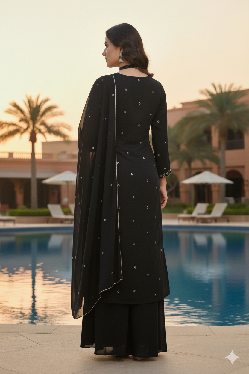 Woman in a black traditional outfit standing by a pool with palm trees and buildings in the background.