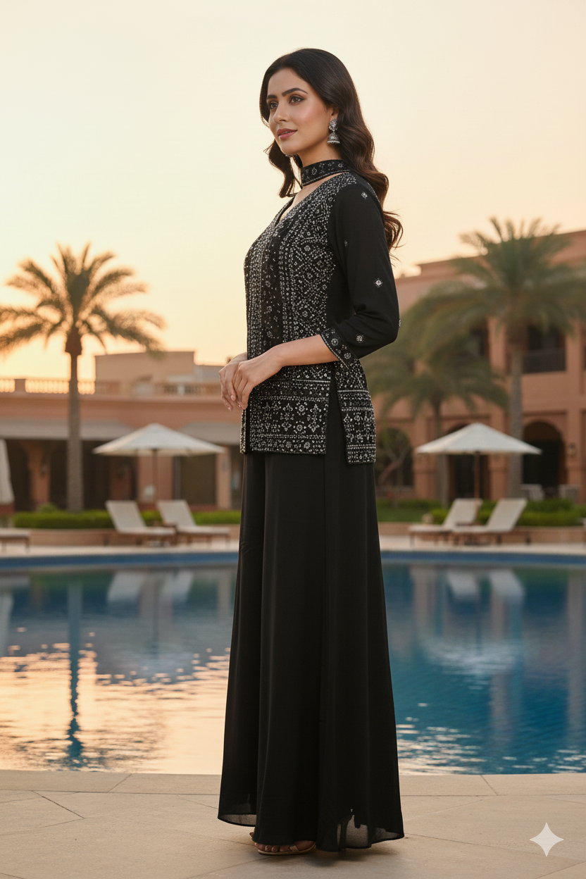 Woman in a black and white patterned outfit standing by a pool with palm trees in the background