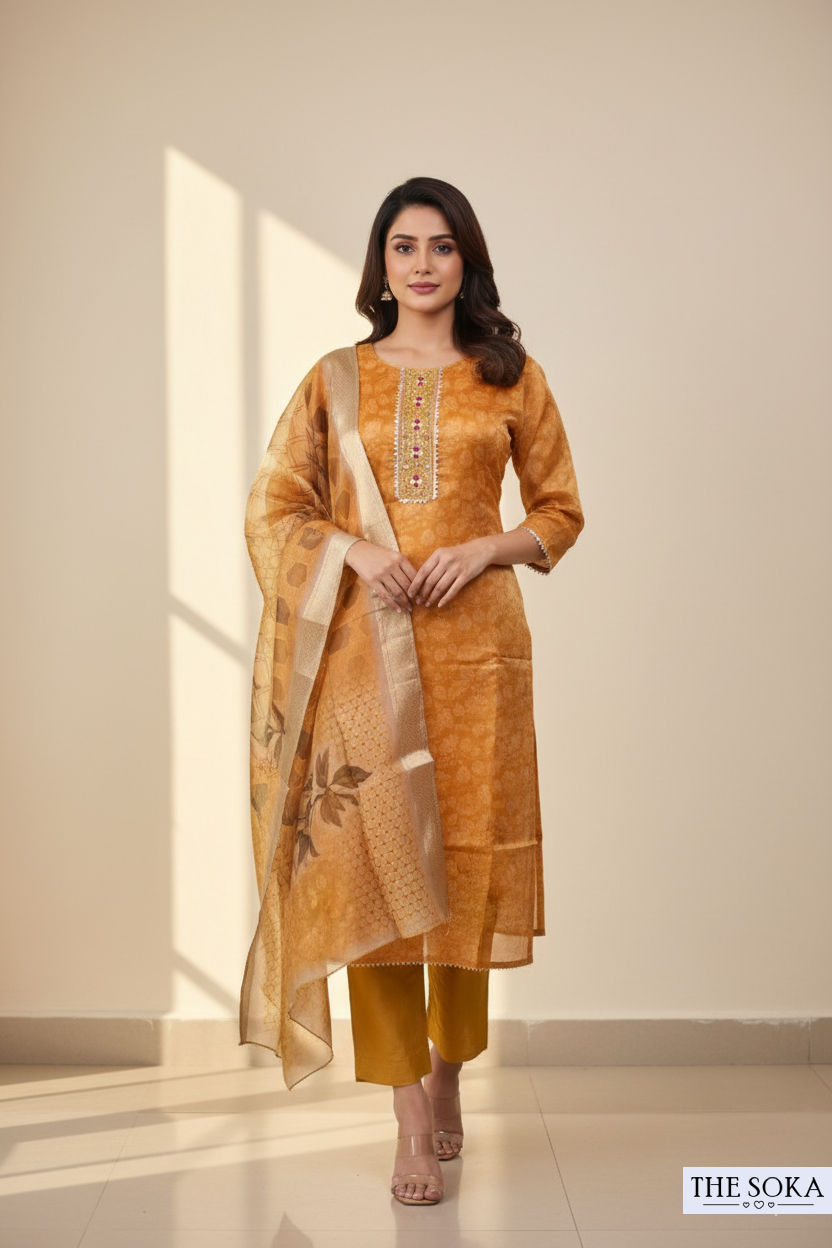 Warm Mustard Yellow Golden Aura Printed Kurta Set with Pant