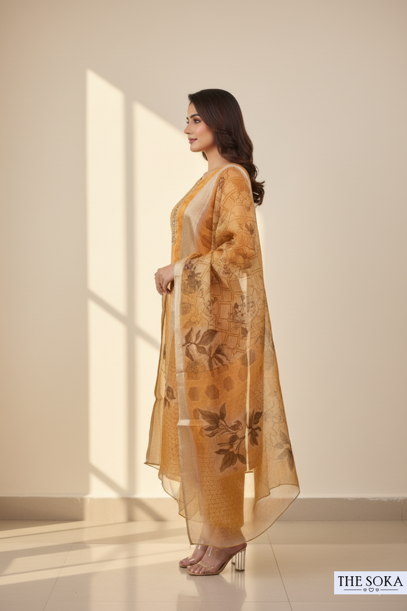 Warm Mustard Yellow Golden Aura Printed Kurta Set with Pant