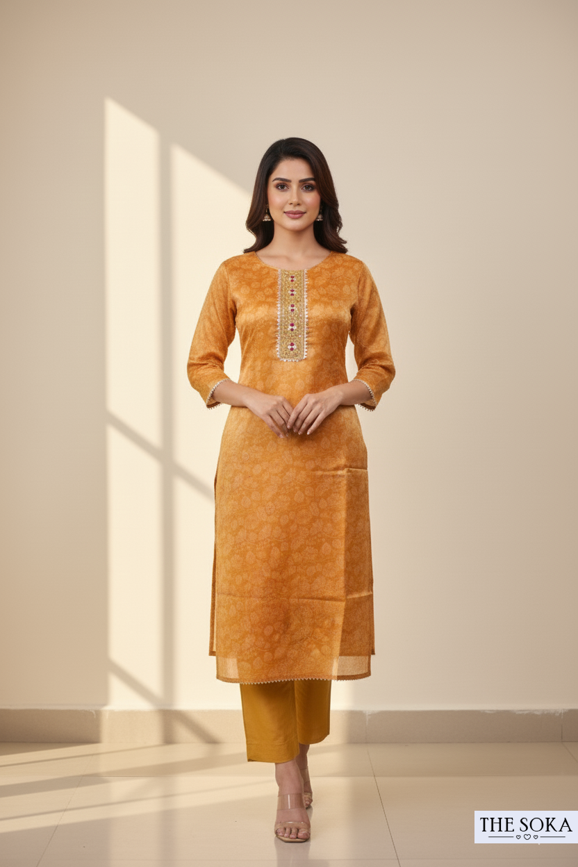 Warm Mustard Yellow Golden Aura Printed Kurta Set with Pant