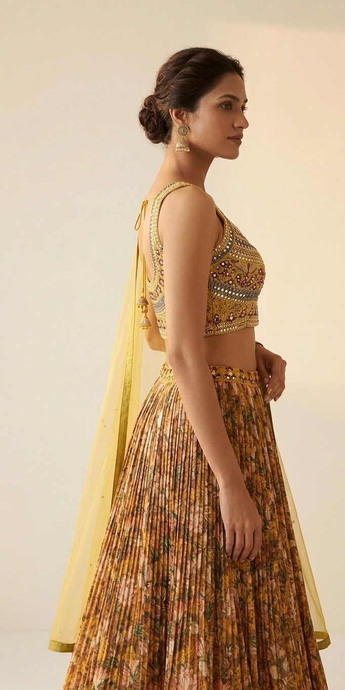 Mustard Yellow Floral Printed Lehenga Choli with Embroidered Blouse and Dupatta