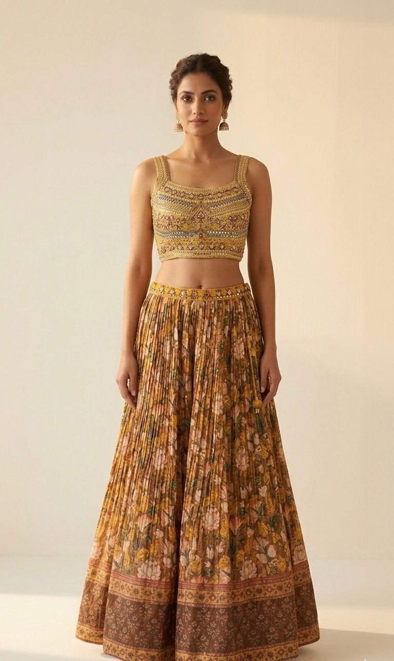 Mustard Yellow Floral Printed Lehenga Choli with Embroidered Blouse and Dupatta