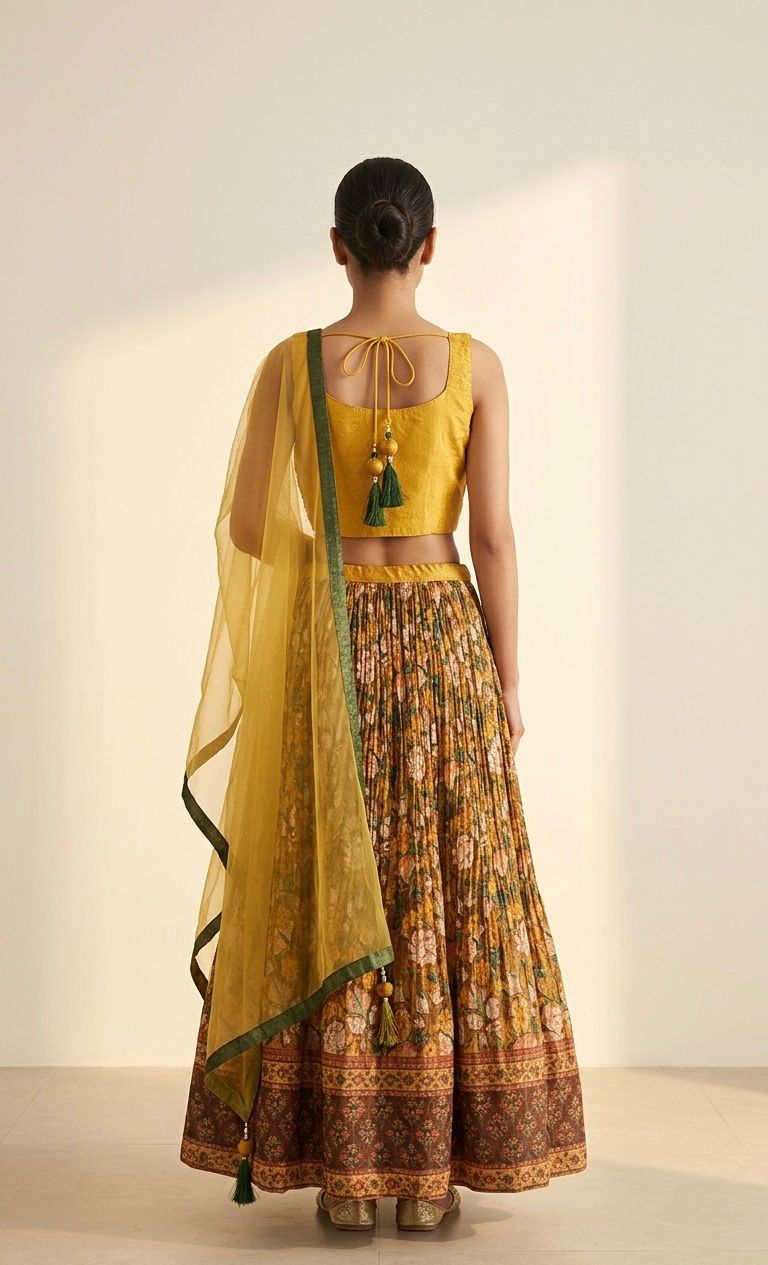 Mustard Yellow Floral Printed Lehenga Choli with Embroidered Blouse and Dupatta