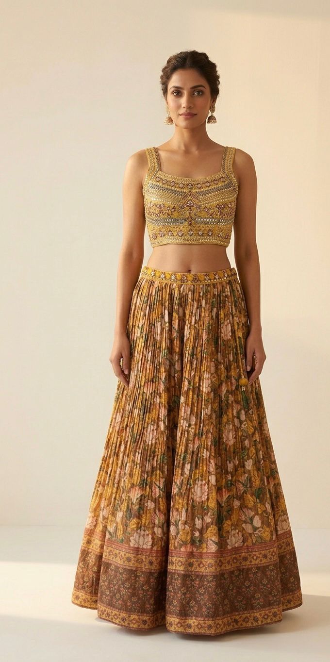 Mustard Yellow Floral Printed Lehenga Choli with Embroidered Blouse and Dupatta